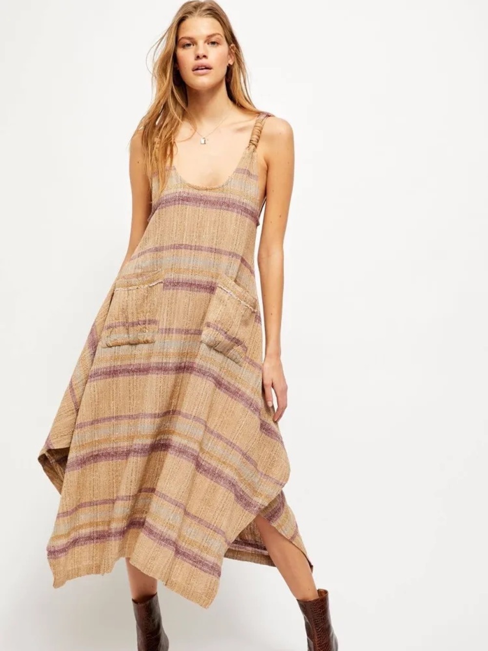 Free People Dress Harper Striped Maxi Beachy Boho Lagenlook Mustard Combo Sz XS